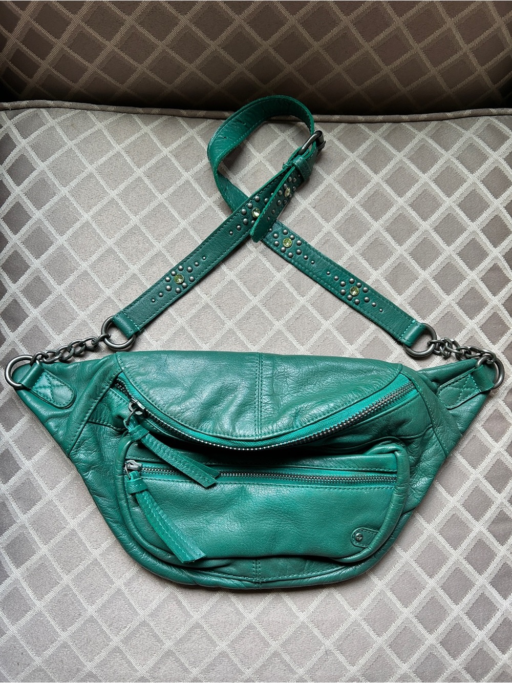 Free People Emerald Green Leather Archer Belt Bag with Studded Strap